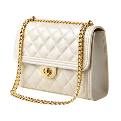 Elegant white quilted leather handbag with gold chain strap and clasp