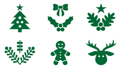 Christmas green icons with tree holly mistletoe bow gingerbread man and reindeer head vector illustration.