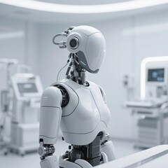 Humanoid robot in a clinical environment with medical equipment in the background