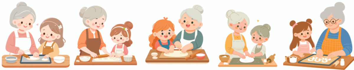 vector of a happy grandmother making dough with her grandchildren