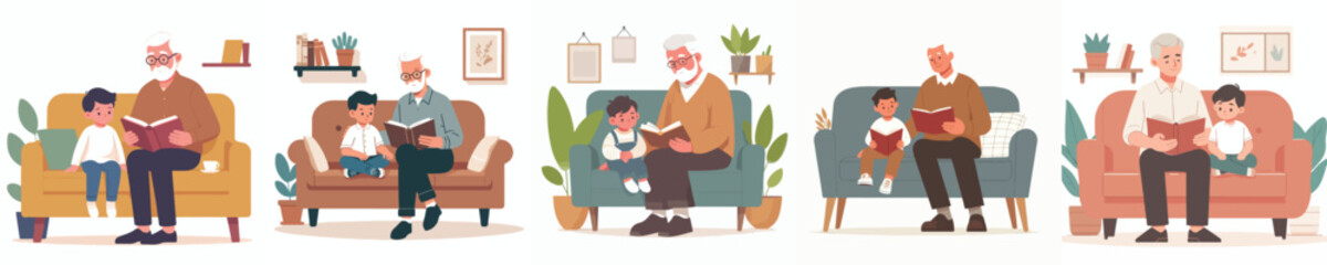 vector of a grandfather reading a story book to his grandson