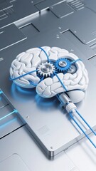 A human brain with mechanical gears and blue wiring integrated into a futuristic technological interface.