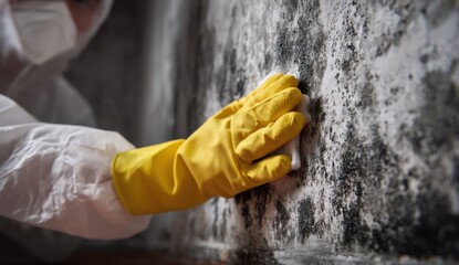 Person wearing yellow gloves cleaning mold and mildew from a dirty wall with a sponge