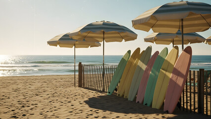 Coastal Surf Paradise Colorful Surfboards and Beach Umbrellas at Sunset