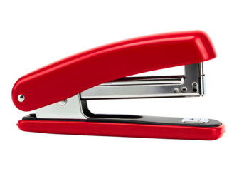 Bright red office stapler isolated on transparent background