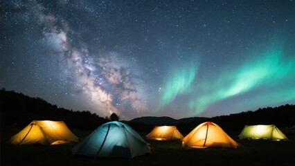 Camping under the Milky Way and Northern Lights at night