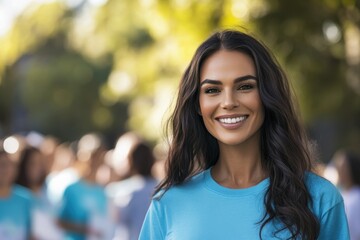 Smiling woman volunteers at community event in bright sunny park amidst cheerful crowd
