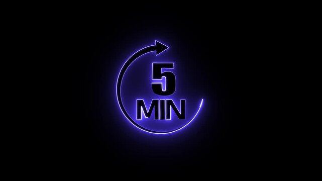 Glowing neon blue color circle arrow refresh icon and  5min timer icon animation on black background . 