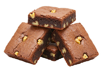 Isolated stack of delicious nutty chocolate fudge brownie bars with walnuts. Delicious food