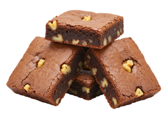 Isolated stack of delicious nutty chocolate fudge brownie bars with walnuts. Delicious food