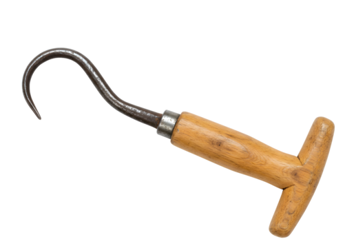 Vintage harvesting hook with wooden handle isolated on transparent background