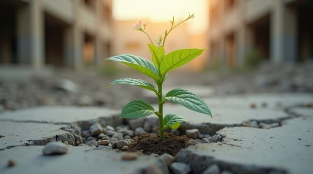 Una planta joven y verde con hojas vibrantes y un tallo robusto emerge a trav&eacute;s de una grieta en un piso de concreto gris y desgastado