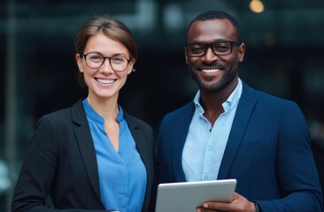 Professional diverse businesspeople smiling in formal attire holding tablet device