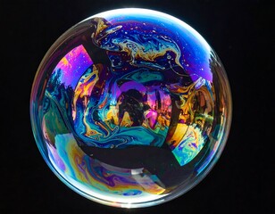 Colorful Soap Bubble Reflecting Environment on Black Background