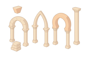 Fototapeta premium Architectural Arch Styles. Isometric vector illustration set Architectural Arch Styles: round Roman arch, pointed Gothic arch,