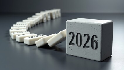 Cadena de dominó que conduce a un bloque vertical con la etiqueta "2026", que simboliza el impulso, la causa y el efecto, y el progreso hacia el éxito