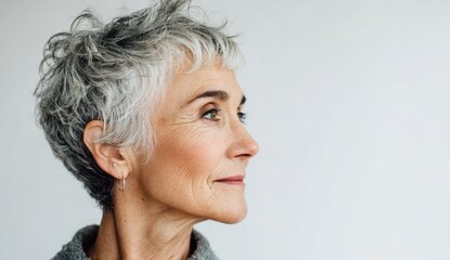 Profile portrait of a thoughtful mature woman with short gray hair looking to the side
