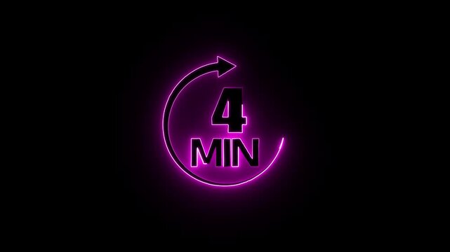 Glowing neon pink color circle arrow refresh icon and  4 min timer icon animation on black background . 