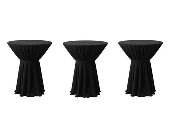 Three black cocktail tables with draped fabric isolated on transparent background