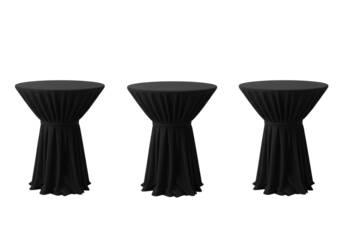 Three black cocktail tables with draped fabric isolated on transparent background