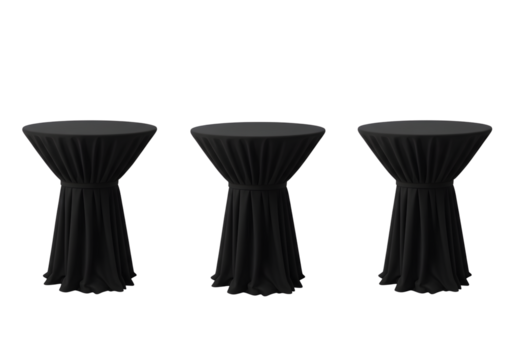 Three black cocktail tables with draped fabric isolated on transparent background