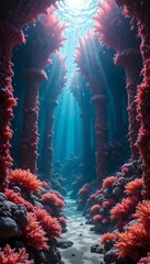 Deep Sea Temple: Sunken Coral Pillars and Glowing Pink Reef Landscape
