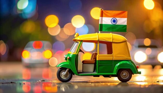 Miniature auto rickshaw with Indian flag against city lights bokeh background at night