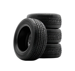 High quality photo of new car tires stacked and isolated for automotive industry isolated on transparent background