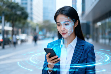 Woman using smartphone with digital overlay in city