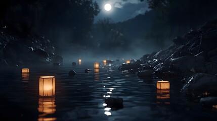 Paper Lanterns Floating River Night Moon Mystical Scene Background