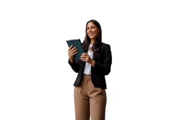 Businesswoman standing, holding digital tablet, smiling confidently, working with modern technology, transparent background