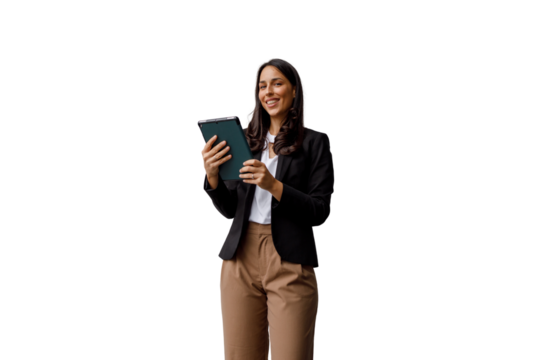 Businesswoman standing, holding digital tablet, smiling confidently, working with modern technology, transparent background