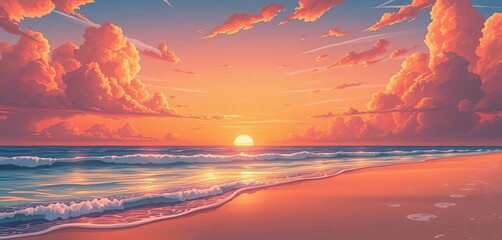 Sunset hues paint a serene anime beach; orange sky, fluffy clouds, gentle waves, tropical, graphic