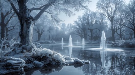 Winter Fountain Landscape Icy Park Pond Frost Snow Dreamy