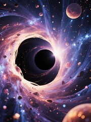 Artistic depiction of a black hole with swirling cosmic matter and distant planets in deep space