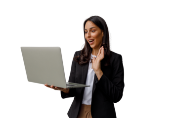 Businesswoman holding laptop experiencing surprise during video call, communicating and working remotely