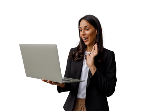 Businesswoman holding laptop experiencing surprise during video call, communicating and working remotely