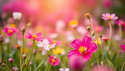 Fototapeta premium Soft-focus spring meadow, vibrant blooms framing blurred background, blurry, flora