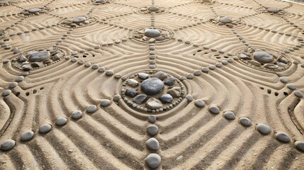 Zen Sand Pattern with Stones. Geometric Meditation Design.