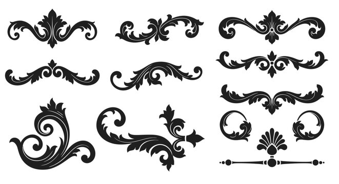 Collection of ornate black floral scrollwork and decorative design elements