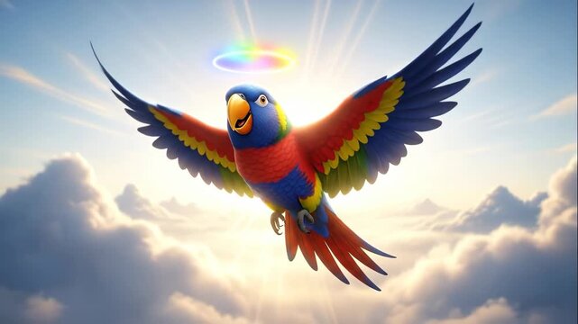 Cartoon Parrot Flying in the Sky - A brightly colored cartoon parrot flies through a sunny sky filled with clouds. The parrot has a rainbow halo above its head.
