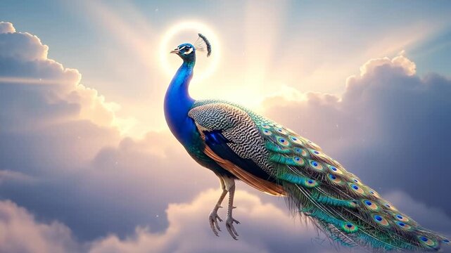 Regal Peacock in the Sky - A beautifully detailed peacock stands out against a cloudy sky, with a halo-like glow behind its head. The peacock displays iridescent blue and green feathers.