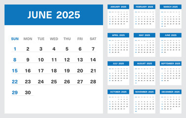 2025 Calendar Template with All Months and Highlighted June Page in Blue Theme