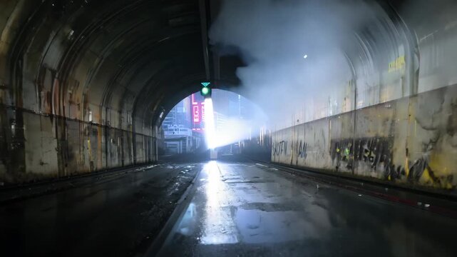 Dark empty urban street, wet asphalt reflecting neon pink blue lights, single dense smoke and fog, abstract light patterns, raindrops rippling reflections, 4K loopable video, dark smoke reflections