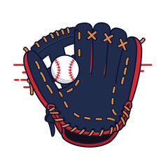 A classic dark blue baseball glove with red accents and a white baseball nestled inside, presented as a clean graphic illustration.