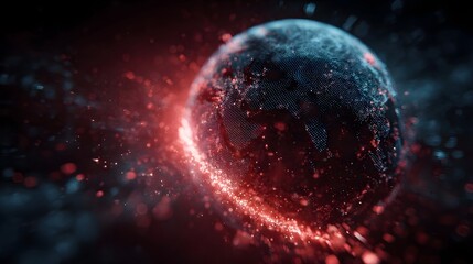 Futuristic digital globe illuminated by red energy and data streams symbolizing global connection