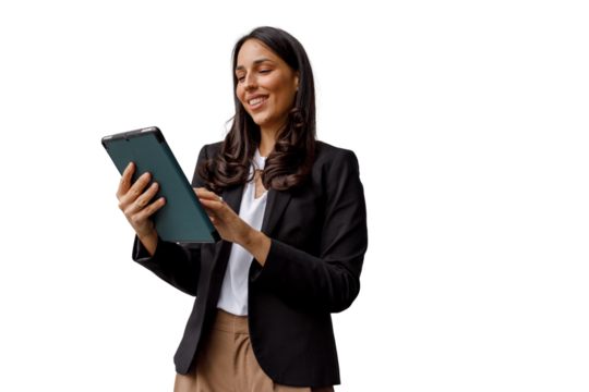 Businesswoman smiling, using tablet. Professional working with digital technology, communicating and connecting online on transparent background