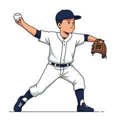 A determined young baseball player in a white uniform and blue cap is captured mid-pitch, ready to throw the ball with precision and focus during a game.