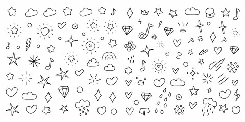 Collection of hand drawn doodle icons including stars clouds hearts suns diamonds musical notes and lightning bolts