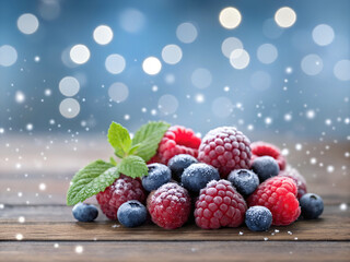 Freshly picked ripe raspberries and blueberries piled on a wooden surface with soft bokeh lights